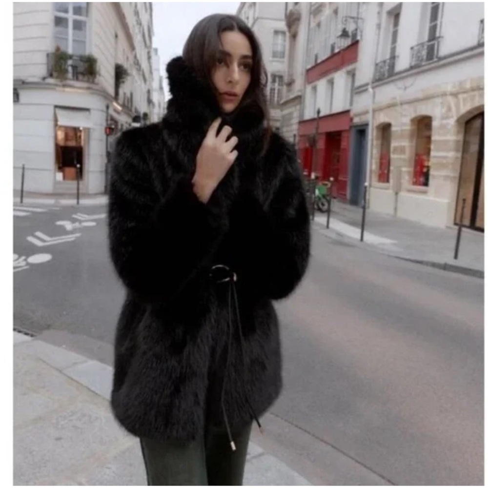 Zara- Faux Fur Coat with Belt
